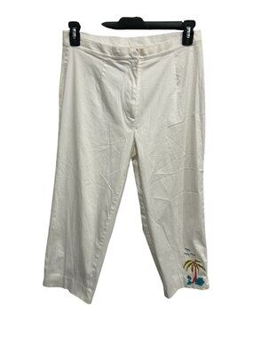 Leslie Fay White Tropical Embroidery Capri Pants Size 8 Boho Cottagecore
